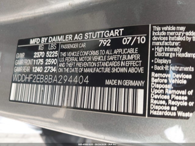 2011 Mercedes-benz E 350 Bluetec მანქანა იყიდება აუქციონზე, vin: WDDHF2EB8BA294404, აუქციონის ნომერი: 45991920