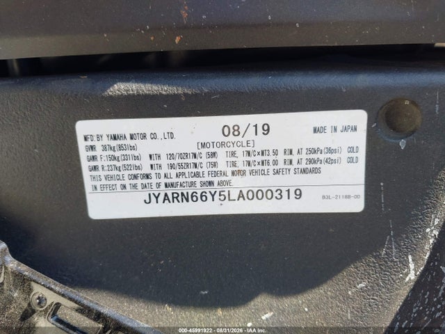 Aukcja sprzedaży 2020 Yamaha Yzfr1, vin: JYARN66Y5LA000319, numer aukcji: 45991922