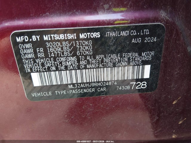 45991927 :رقم المزاد ، ML32AUHJ9RH024874 vin ، 2024 Mitsubishi Mirage Es/le مزاد بيع