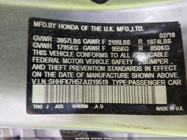 45991935 :رقم المزاد ، SHHFK7H57JU219519 vin ، 2018 Honda Civic Ex مزاد بيع