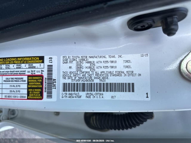 2016 Toyota Tundra Sr 4.6l V8 მანქანა იყიდება აუქციონზე, vin: 5TFUM5F14GX065650, აუქციონის ნომერი: 45991938