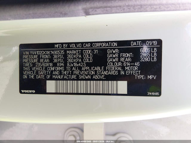 Aukcja sprzedaży 2019 Volvo Xc90 T5 Momentum, vin: YV4102CKXK1490535, numer aukcji: 45991948