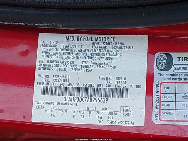Продаж на аукціоні авто 2010 Ford Fusion Sport, vin: 3FAHP0DC7AR295639, номер лоту: 45991951
