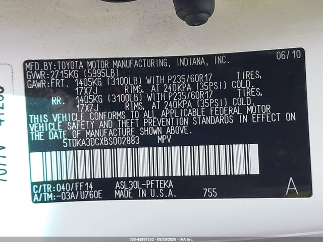 Продаж на аукціоні авто 2011 Toyota Sienna, vin: 5TDKA3DCXBS002883, номер лоту: 45991952