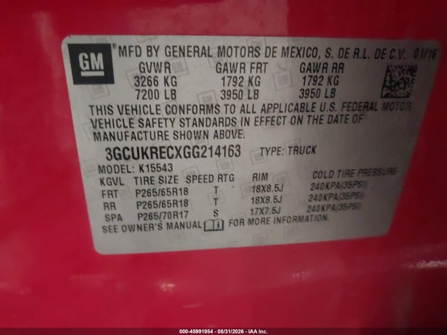 Продажа на аукционе авто 2016 Chevrolet Silverado 1500 Lt, vin: 3GCUKRECXGG214163, номер лота: 45991954