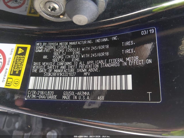 45991964 :رقم المزاد ، 5TDKZRFH1KS321027 vin ، 2019 Toyota Highlander Xle مزاد بيع
