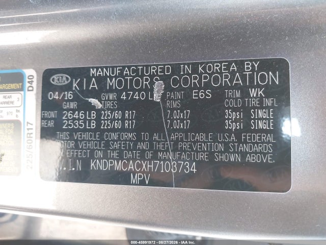 45991972 :رقم المزاد ، KNDPMCACXH7103734 vin ، 2017 Kia Sportage Lx مزاد بيع