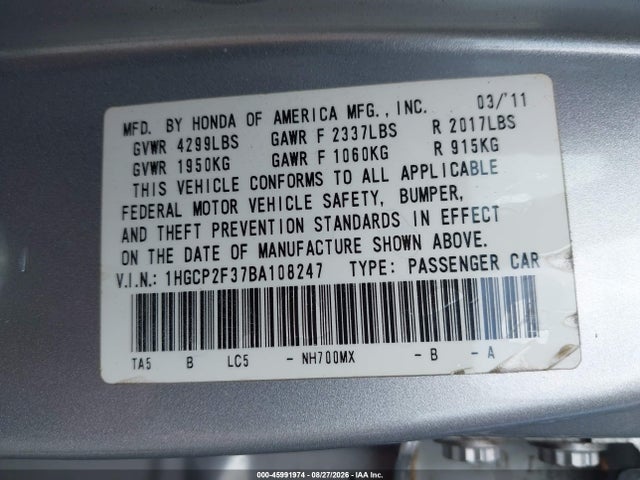 Aukcja sprzedaży 2011 Honda Accord 2.4 Lx, vin: 1HGCP2F37BA108247, numer aukcji: 45991974