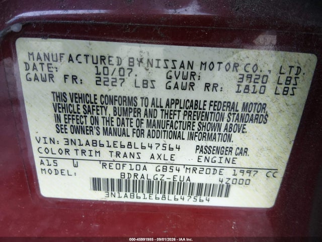 2008 Nissan Sentra 2.0 Sl მანქანა იყიდება აუქციონზე, vin: 3N1AB61E68L647564, აუქციონის ნომერი: 45991985