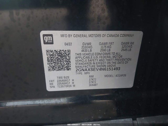 45992017 :رقم المزاد ، 2GNAXSEV4N6151493 vin ، 2022 Chevrolet Equinox Awd Ls مزاد بيع