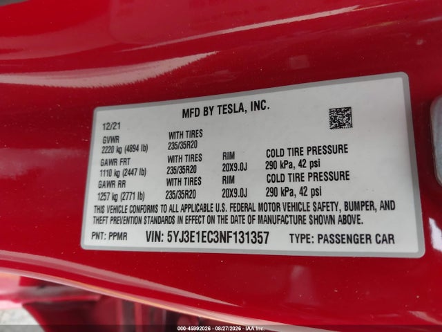 Tesla Model 3 Performance Dual Motor All-wheel Drive 2022 5YJ3E1EC3NF131357 Image 9