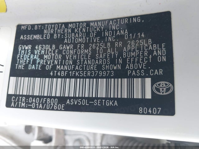 Aukcja sprzedaży 2014 Toyota Camry Xle, vin: 4T4BF1FK5ER379973, numer aukcji: 45992033