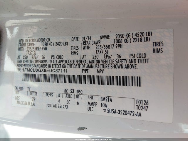 45992039 :رقم المزاد ، 1FMCU0GX8EUC37111 vin ، 2014 Ford Escape Se مزاد بيع