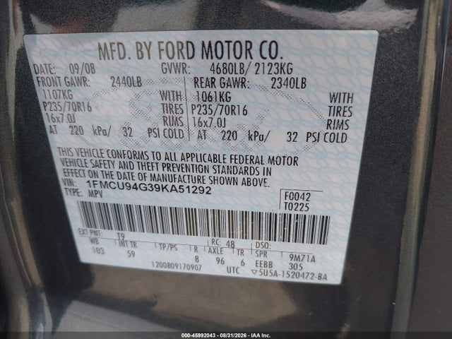 Aukcja sprzedaży 2009 Ford Escape Limited, vin: 1FMCU94G39KA51292, numer aukcji: 45992043