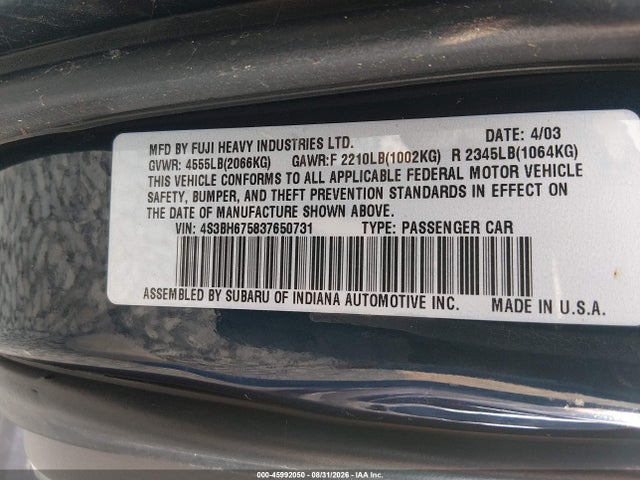 2003 Subaru Outback მანქანა იყიდება აუქციონზე, vin: 4S3BH675837650731, აუქციონის ნომერი: 45992050