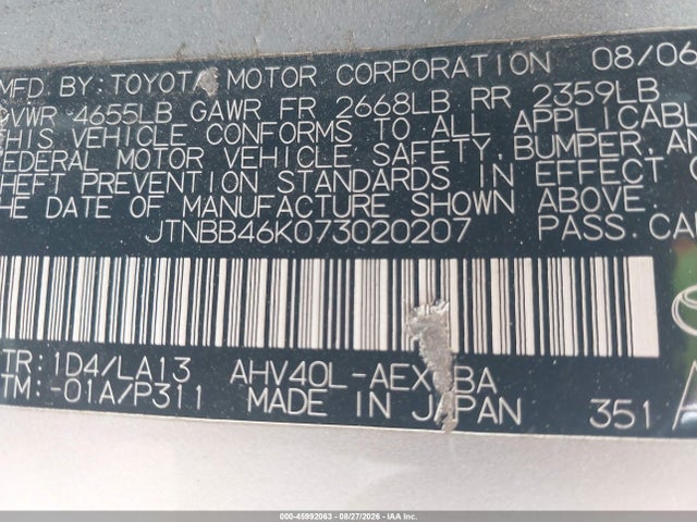 45992063 :رقم المزاد ، JTNBB46K073020207 vin ، 2007 Toyota Camry Hybrid مزاد بيع
