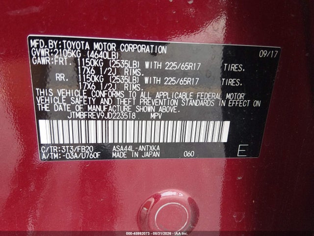Aukcja sprzedaży 2018 Toyota Rav4 Le, vin: JTMBFREV9JD223518, numer aukcji: 45992073