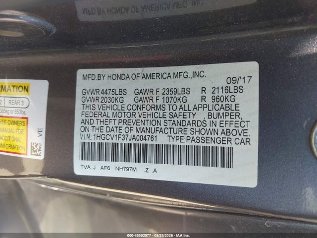 Продажа на аукционе авто 2018 Honda Accord Sport, vin: 1HGCV1F37JA004761, номер лота: 45992077