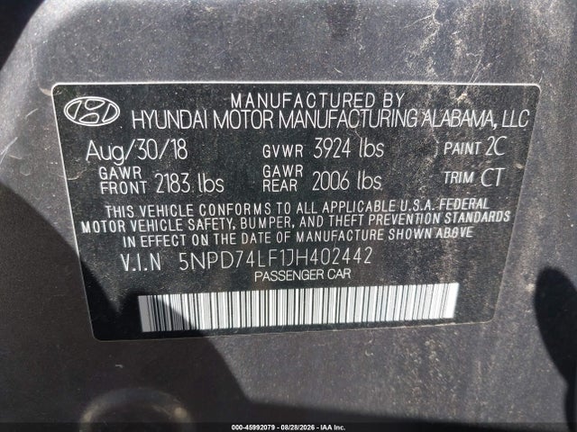 Продажа на аукционе авто 2018 Hyundai Elantra Se, vin: 5NPD74LF1JH402442, номер лота: 45992079