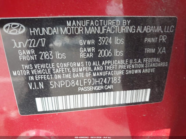 2018 Hyundai Elantra Sel მანქანა იყიდება აუქციონზე, vin: 5NPD84LF9JH247183, აუქციონის ნომერი: 45992082