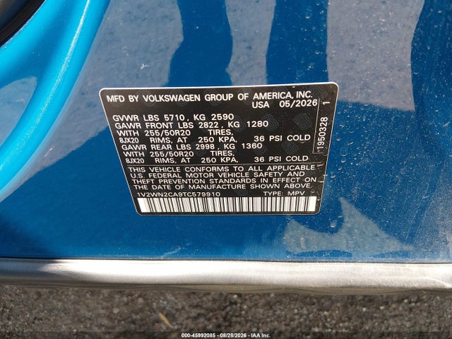 45992085 :رقم المزاد ، 1V2WN2CA9TC579910 vin ، 2026 Volkswagen Atlas Se With Technology مزاد بيع