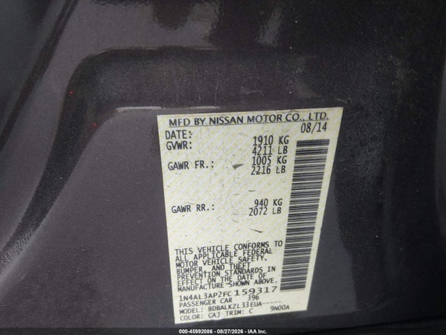2015 Nissan Altima 2.5 Sv მანქანა იყიდება აუქციონზე, vin: 1N4AL3AP2FC159317, აუქციონის ნომერი: 45992086