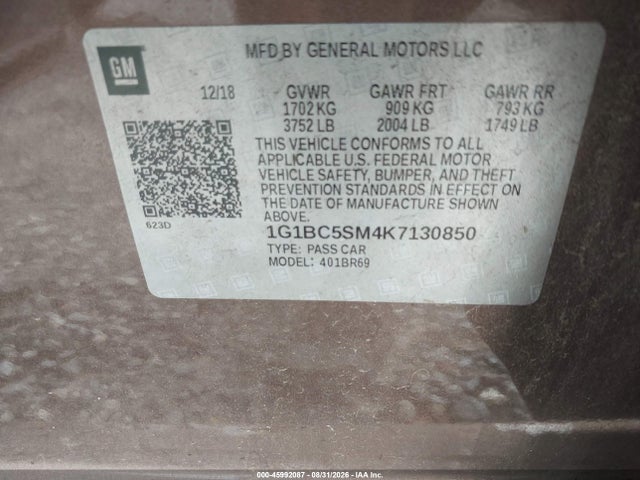 Aukcja sprzedaży 2019 Chevrolet Cruze Ls, vin: 1G1BC5SM4K7130850, numer aukcji: 45992087