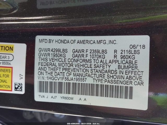 Aukcja sprzedaży 2018 Honda Accord Ex-l, vin: 1HGCV1F56JA195557, numer aukcji: 45992088