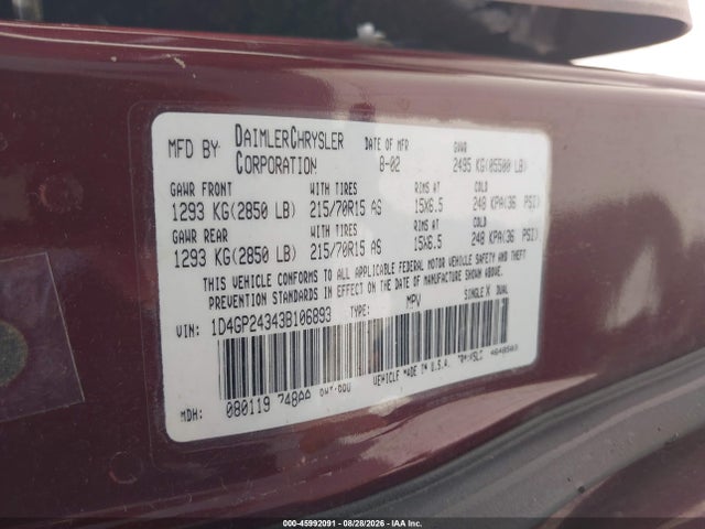 2003 Dodge Grand Caravan Se მანქანა იყიდება აუქციონზე, vin: 1D4GP24343B106893, აუქციონის ნომერი: 45992091