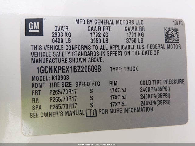 45992099 :رقم المزاد ، 1GCNKPEX1BZ206098 vin ، 2011 Chevrolet Silverado 1500 Work Truck مزاد بيع