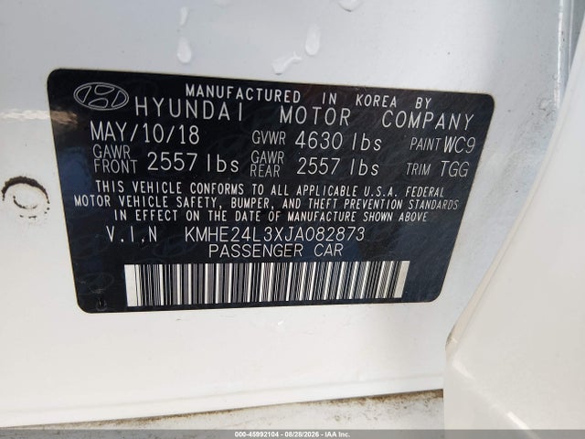 45992104 :رقم المزاد ، KMHE24L3XJA082873 vin ، 2018 Hyundai Sonata Hybrid Se مزاد بيع