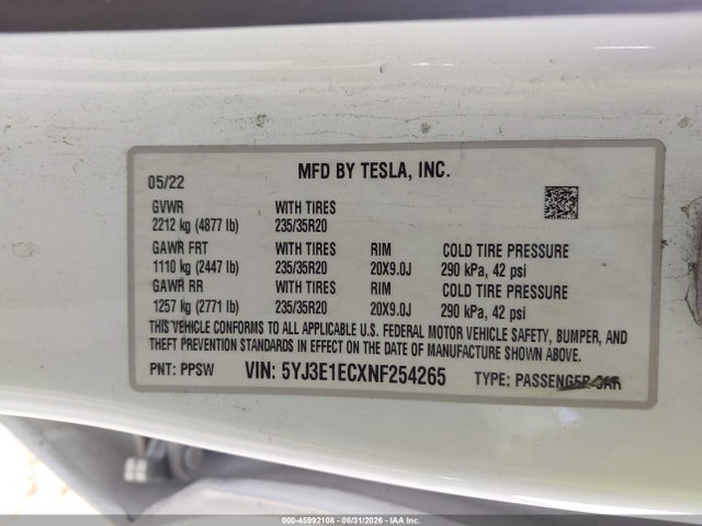 5YJ3E1ECXNF254265 Tesla Model 3 Performance Dual Motor All-wheel Drive