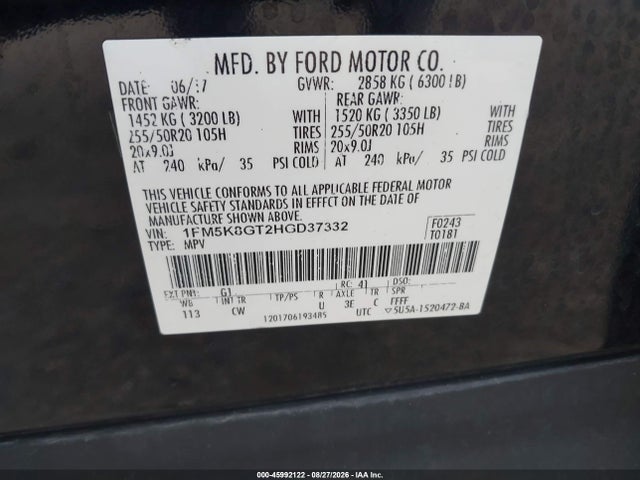 45992122 :رقم المزاد ، 1FM5K8GT2HGD37332 vin ، 2017 Ford Explorer Sport مزاد بيع