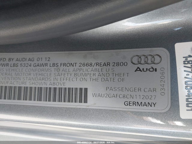 45992124 :رقم المزاد ، WAU2GAFC8CN112027 vin ، 2012 Audi A7 Premium مزاد بيع