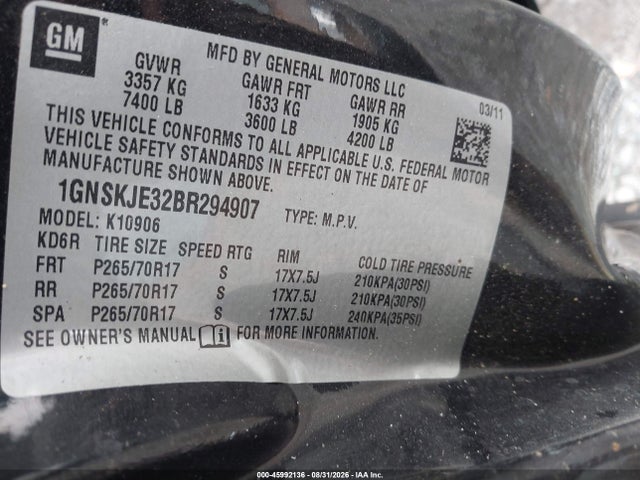 45992136 :رقم المزاد ، 1GNSKJE32BR294907 vin ، 2011 Chevrolet Suburban 1500 Lt1 مزاد بيع