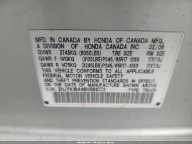 2006 Honda Ridgeline Rts მანქანა იყიდება აუქციონზე, vin: 2HJYK16446H561072, აუქციონის ნომერი: 45992147
