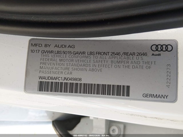 45992152 :رقم المزاد ، WAUD8AFC1JN049808 vin ، 2018 Audi A6 2.0t Premium Plus مزاد بيع