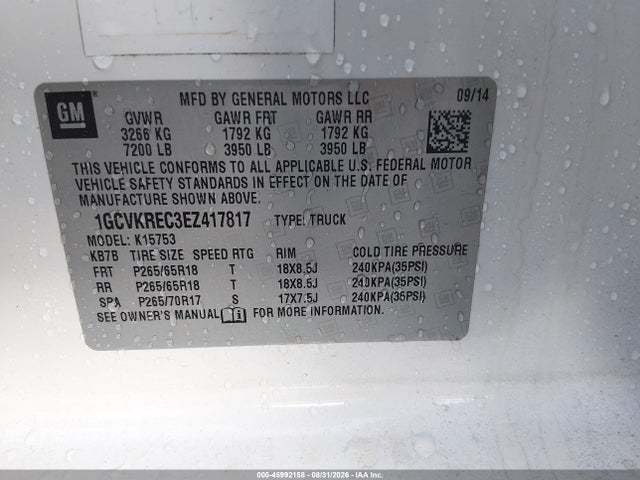 45992158 :رقم المزاد ، 1GCVKREC3EZ417817 vin ، 2014 Chevrolet Silverado 1500 Lt مزاد بيع