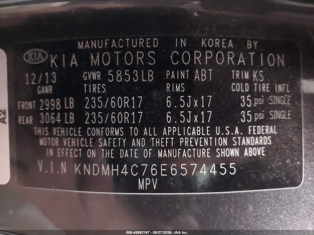 Aukcja sprzedaży 2014 Kia Sedona Ex, vin: KNDMH4C76E6574455, numer aukcji: 45992167