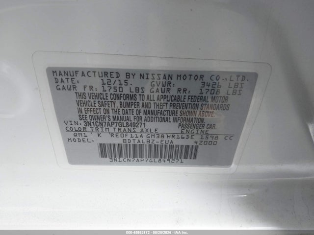 Nissan Versa 1.6 Sv 2016 3N1CN7AP7GL849271 Image 9