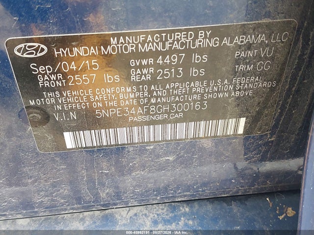 Auction sale of the 2016 Hyundai Sonata Sport, vin: 5NPE34AF8GH300163, lot number: 45992191