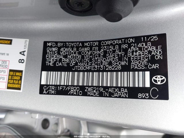 45992192 :رقم المزاد ، JTDBCMFE3T3128228 vin ، 2026 Toyota Corolla Hybrid Hybrid Le مزاد بيع