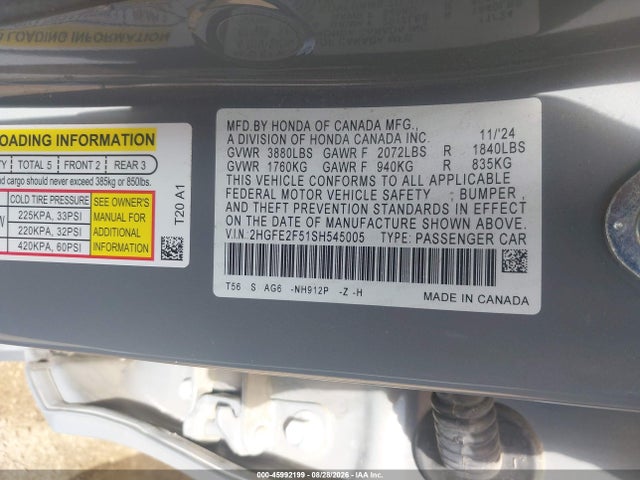 Auction sale of the 2025 Honda Civic Sport, vin: 2HGFE2F51SH545005, lot number: 45992199