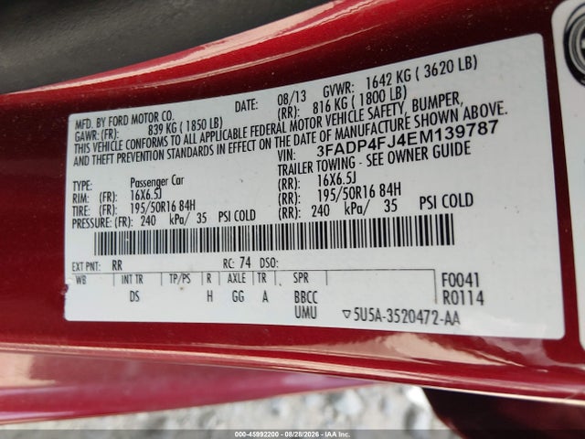 45992200 :رقم المزاد ، 3FADP4FJ4EM139787 vin ، 2014 Ford Fiesta Titanium مزاد بيع