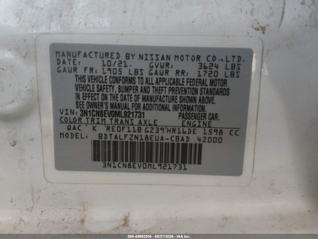 3N1CN8EV0ML921731 Nissan Versa Sv Xtronic Cvt