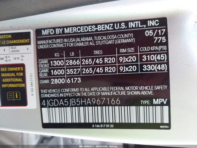 45992211 :رقم المزاد ، 4JGDA5JB5HA967166 vin ، 2017 Mercedes-benz Gle 350 مزاد بيع