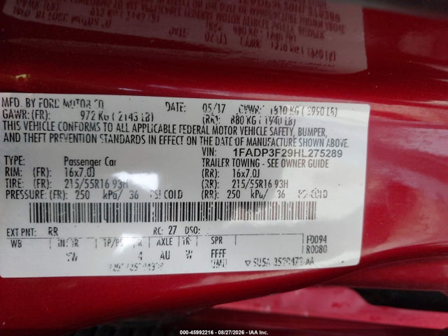 45992216 :رقم المزاد ، 1FADP3F29HL275289 vin ، 2017 Ford Focus Se مزاد بيع