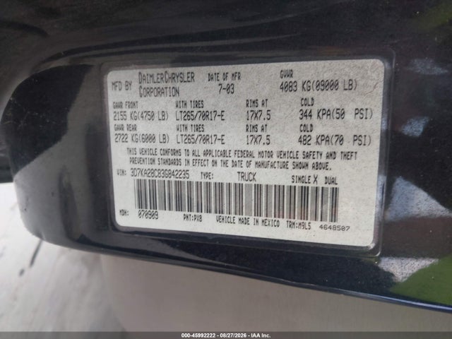 Продаж на аукціоні авто 2003 Dodge Ram 2500 Slt/laramie/st, vin: 3D7KA28C83G842235, номер лоту: 45992222