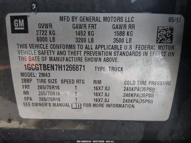 45992234 :رقم المزاد ، 1GCGTBEN7H1266871 vin ، 2017 Chevrolet Colorado Wt مزاد بيع