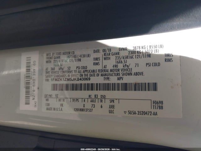 2018 Ford Transit-150 Xl მანქანა იყიდება აუქციონზე, vin: 1FMZK1ZM5JKB43069, აუქციონის ნომერი: 45992249